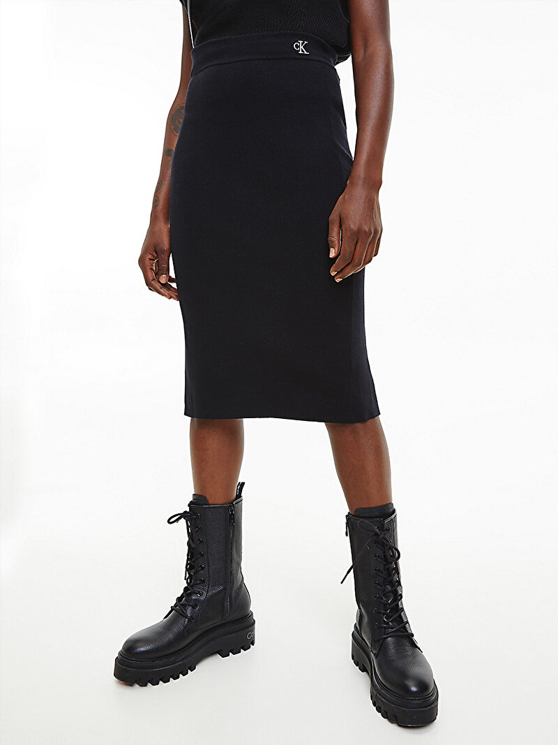 Calvin Klein Siyah Renkli Kadın Streç Örgü Midi Etek