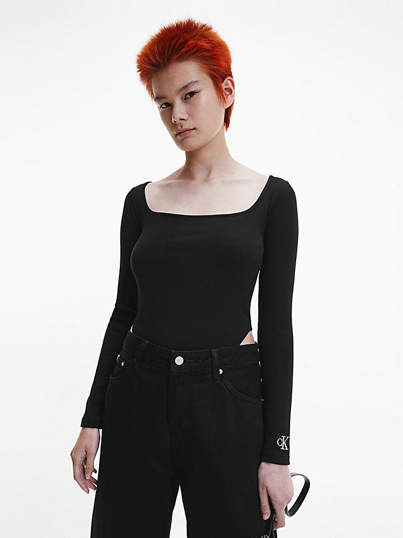 Calvin Klein Siyah Renkli Kadın Ribanalı Uzun Kollu Bodysuit