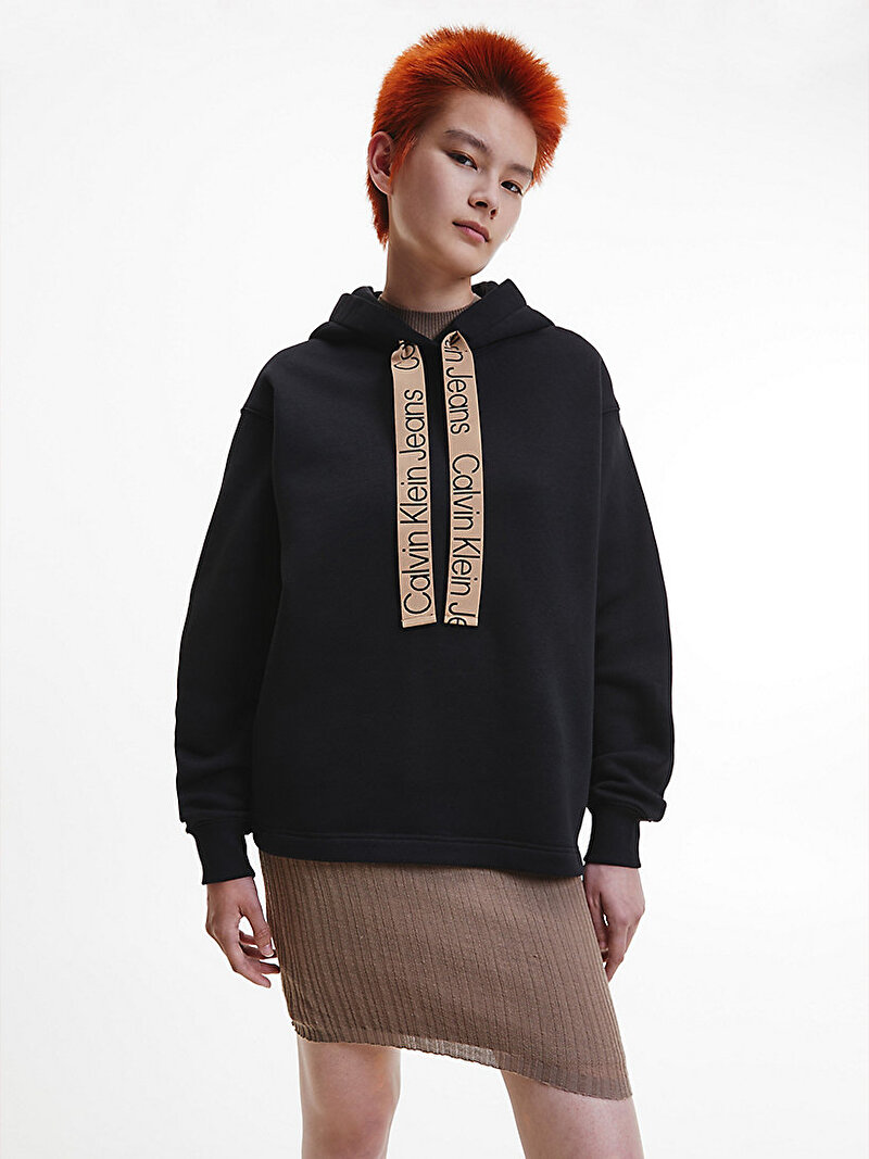 Calvin Klein Siyah Renkli Kadın Oversized Şerit Logo Hoodie Kapüşonlu Sweatshirt