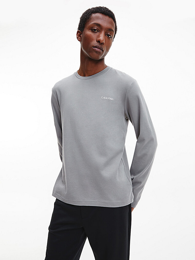 Calvin Klein Gri Renkli Erkek Organik Pamuklu Uzun Kollu Logolu T-Shirt