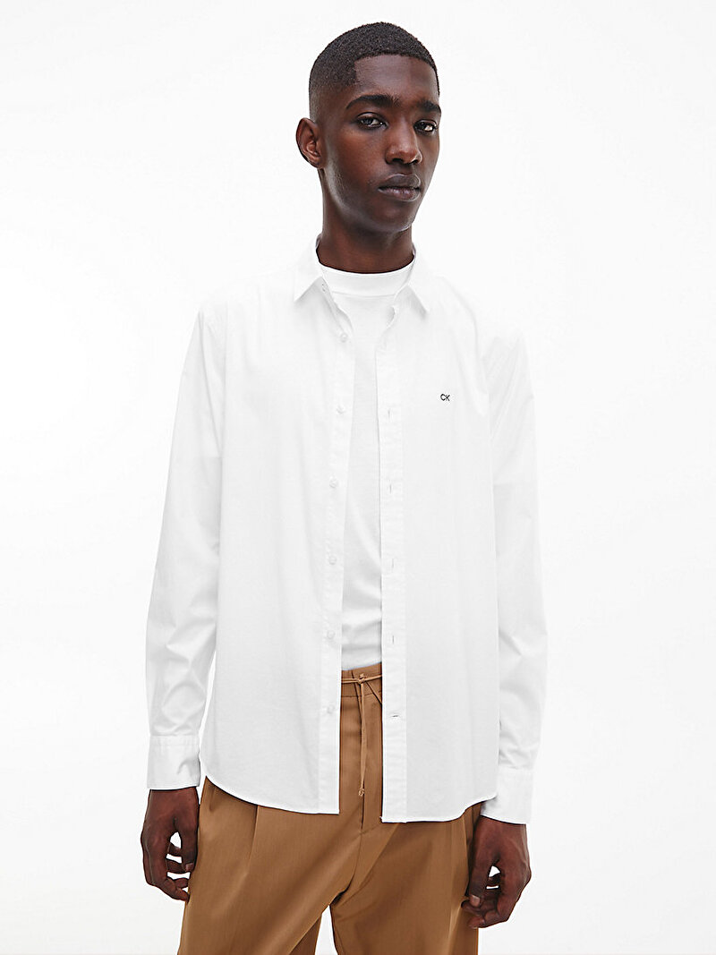 Calvin Klein Beyaz Renkli Erkek Slim Poplin Streç Gömlek