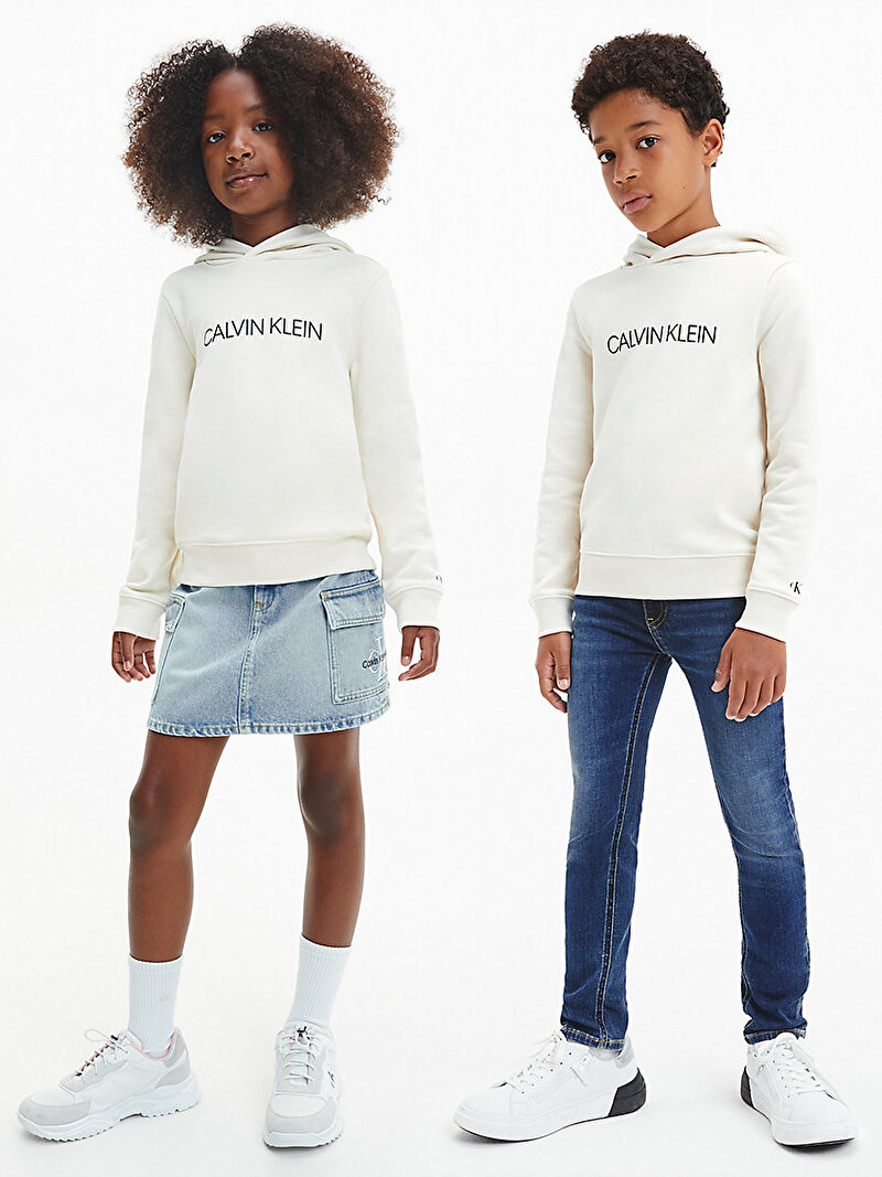 Calvin Klein Bej Renkli Çocuk Unisex Unisex Logolu Kapüşonlu Sweatshirt