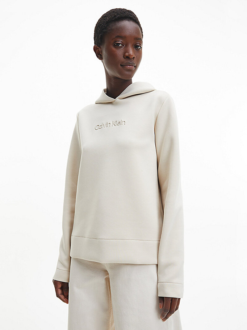 Calvin Klein Ekru Renkli Kadın Logo Hoodie Kapüşonlu Sweatshirt