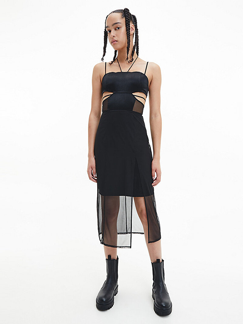 Kadın Şeffaf Panelli Bodycon Midi Elbise