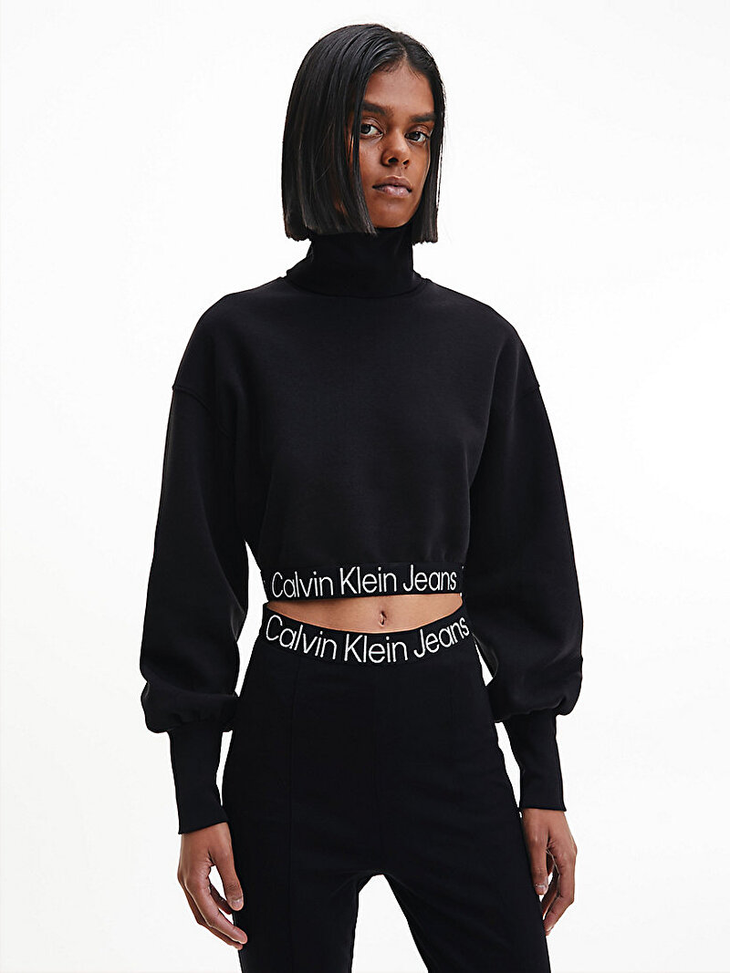 Calvin Klein Siyah Renkli Kadın Logo Tape Rulo Yaka Sweatshirt