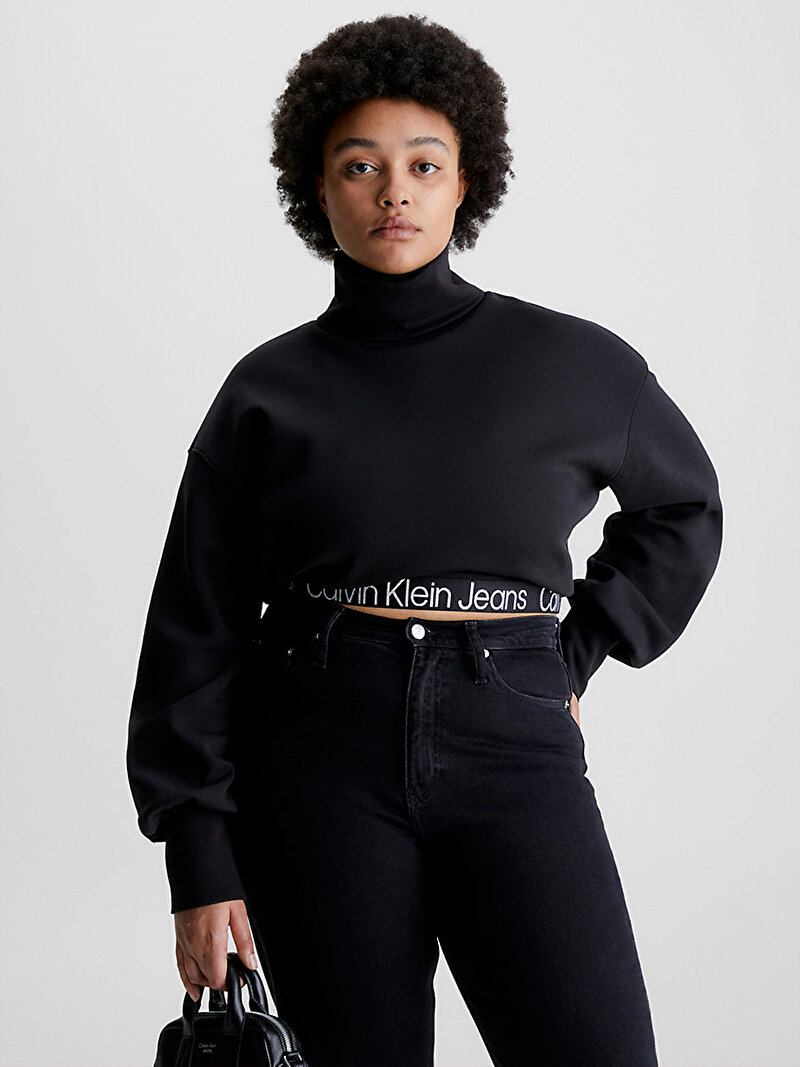 Calvin Klein Siyah Renkli Kadın Logo Tape Rulo Yaka Sweatshirt