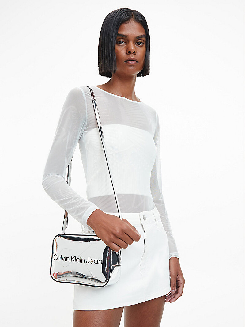 Calvin Klein Beyaz Renkli Kadın Geri Dönüştürülmüş File Uzun Kollu Body