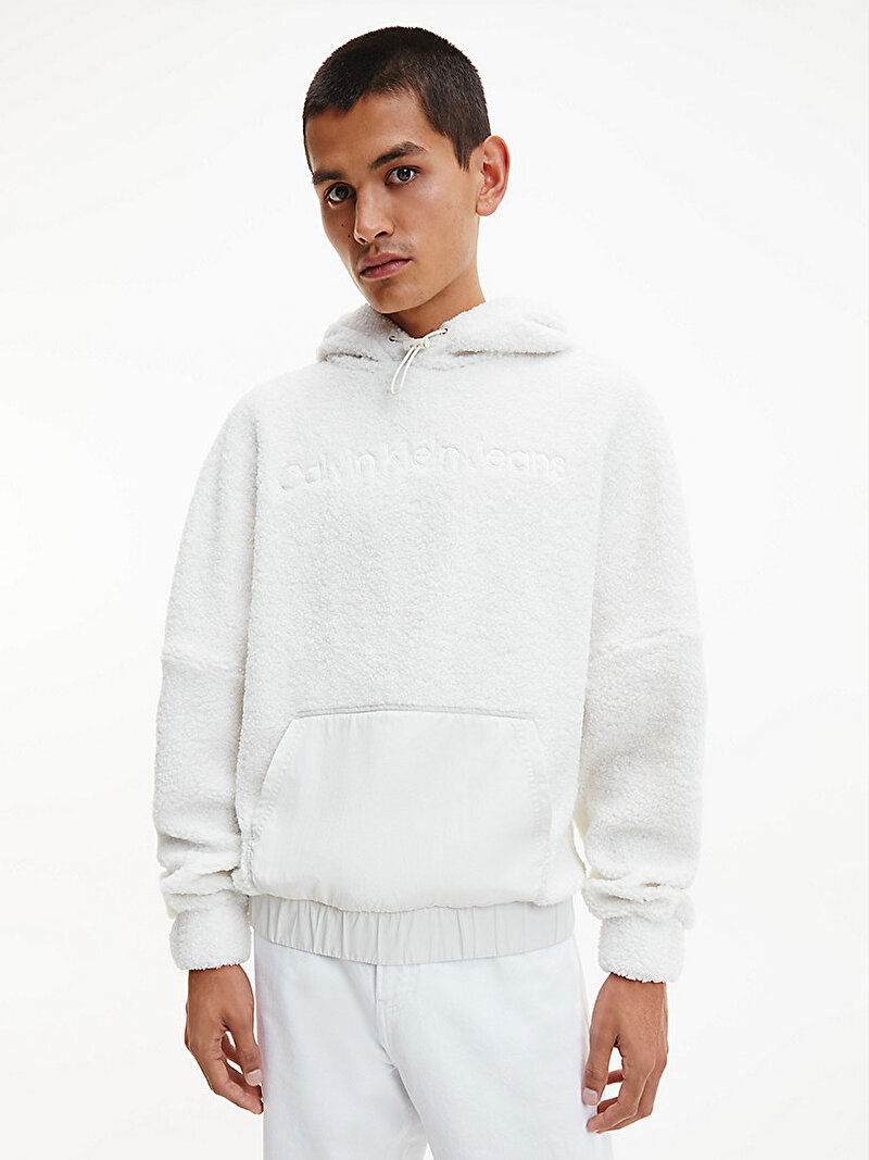 Calvin Klein Beyaz Renkli Erkek Relaxed Şerpa Hoodie Kapüşonlu Sweatshirt
