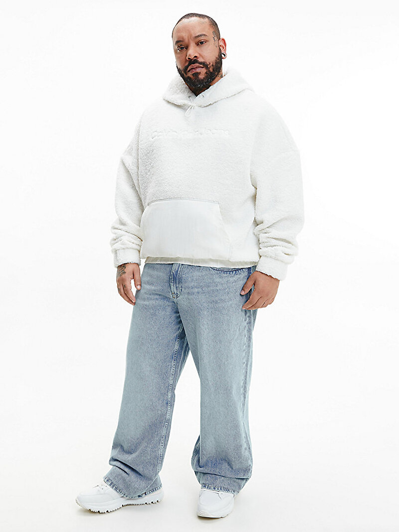 Calvin Klein Beyaz Renkli Erkek Relaxed Şerpa Hoodie Kapüşonlu Sweatshirt