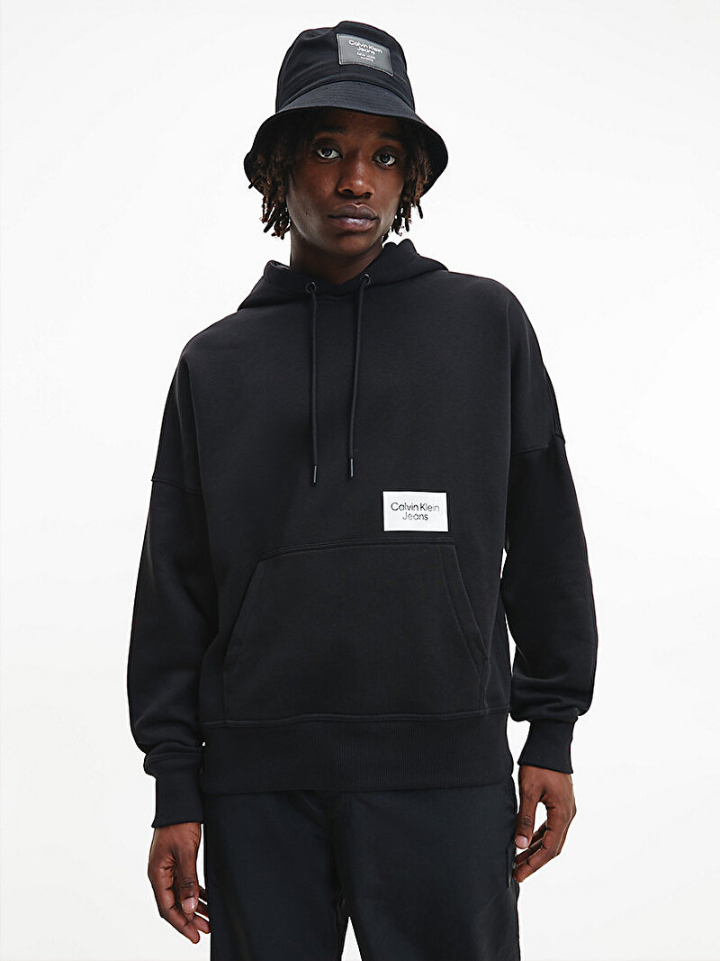 Calvin Klein Siyah Renkli Erkek Oversized Hoodie Sırt Logolu Kapüşonlu Sweatshirt