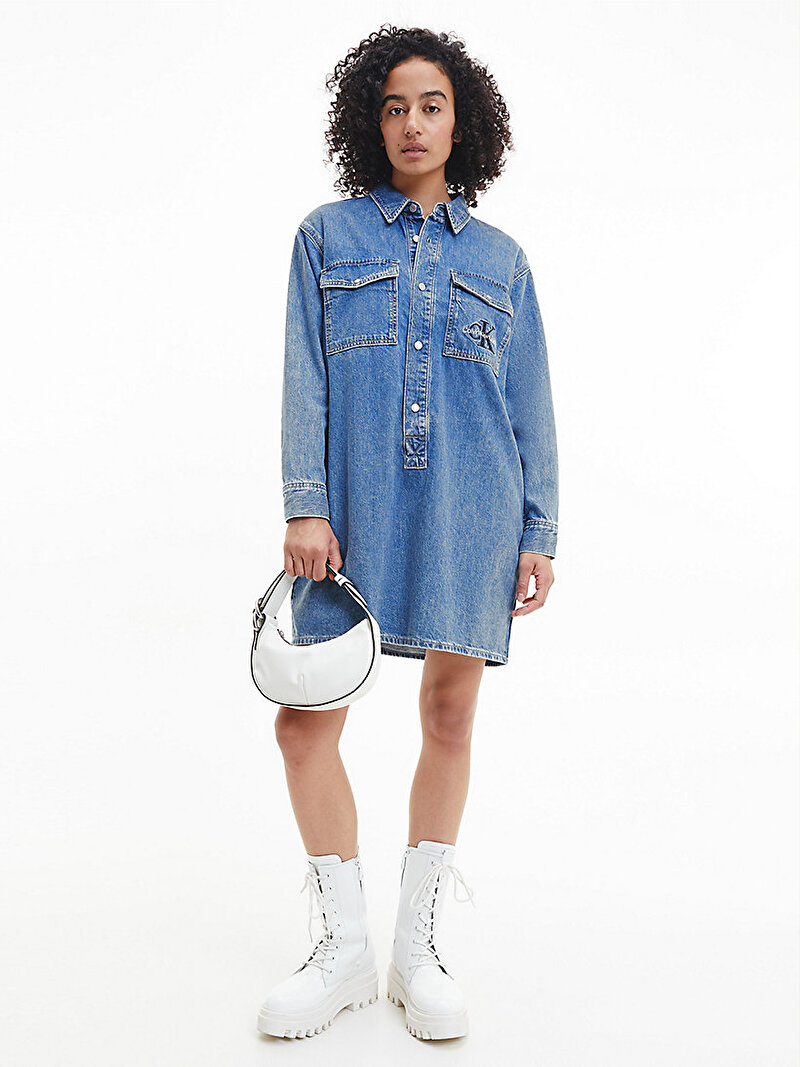 Kadın Utility Pop-Over Denim Gömlek Elbise