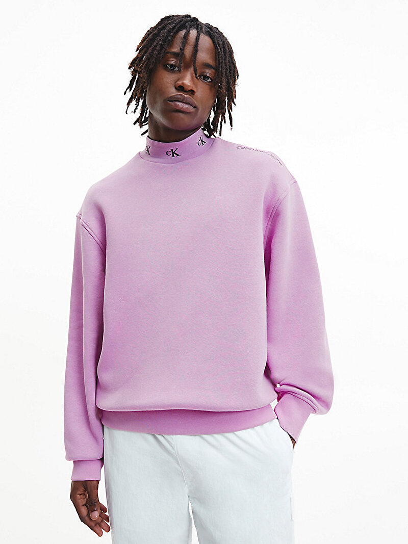 Calvin Klein Mor Renkli Erkek Logo Jakar Mock Neck Sweatshirt