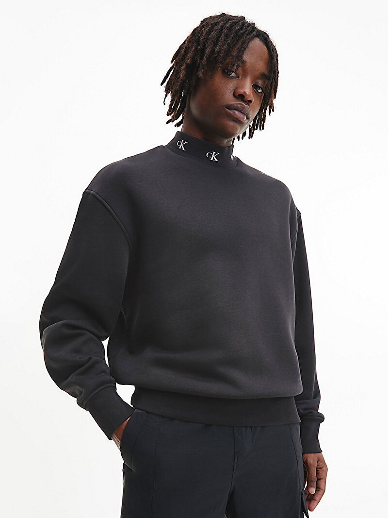 Calvin Klein Siyah Renkli Erkek Logo Jakar Mock Neck Sweatshirt