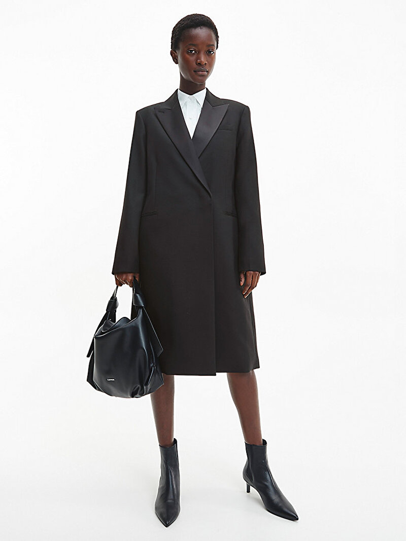 Calvin Klein Siyah Renkli Kadın Yün Smokin Yakalı Kaban