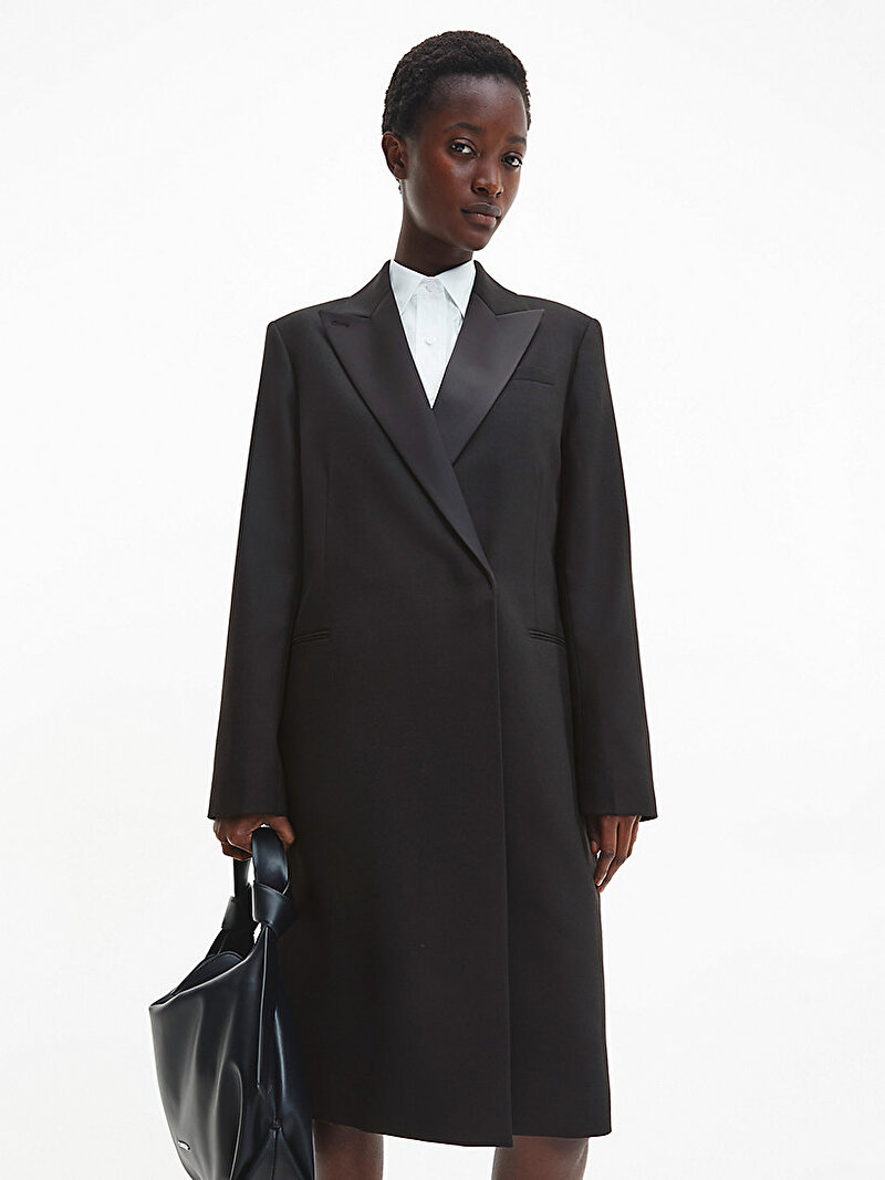 Calvin Klein Siyah Renkli Kadın Yün Smokin Yakalı Kaban