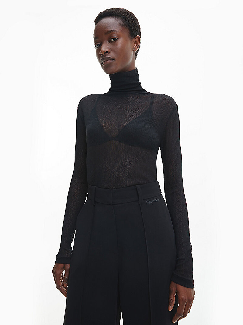Calvin Klein Siyah Renkli Kadın Crinkle Jarse Boğazlı Top