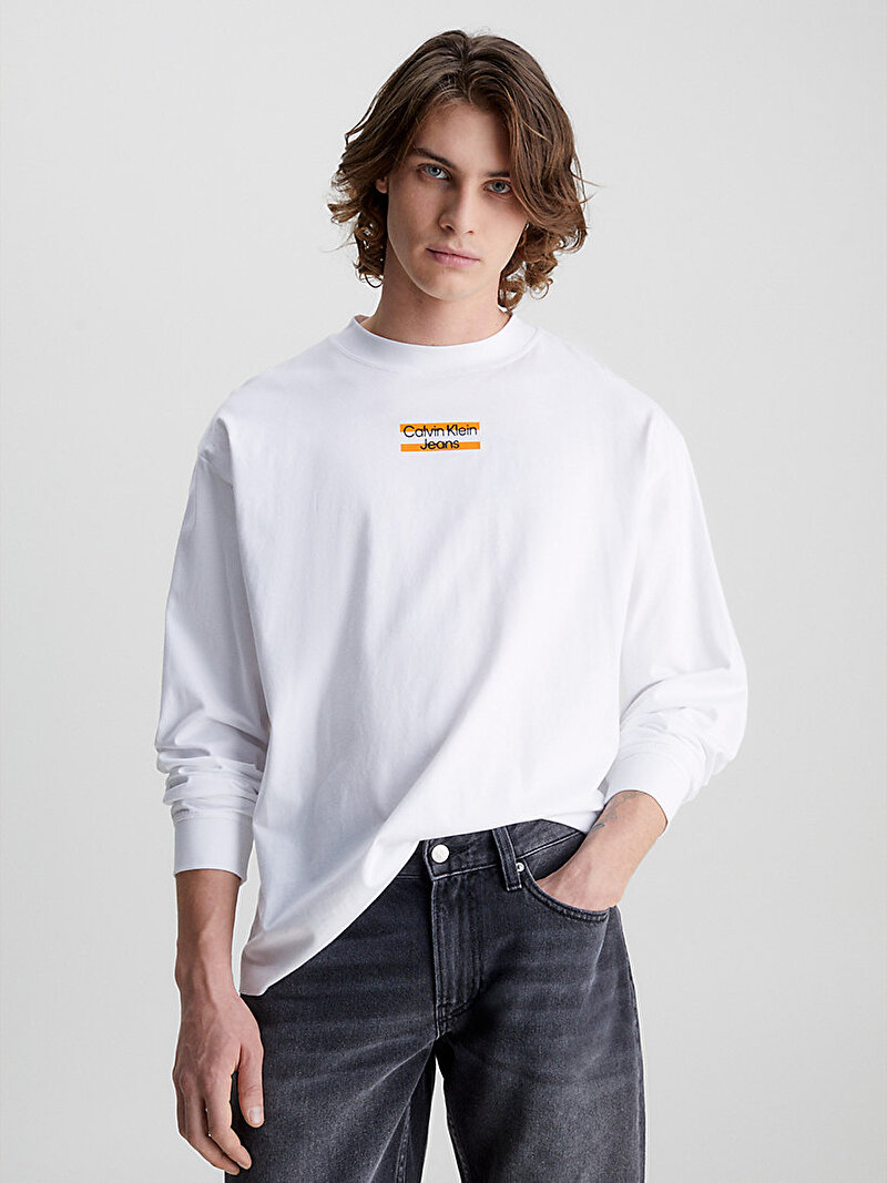 Calvin Klein Beyaz Renkli Erkek Transparent Stripe Logo T-Shirt