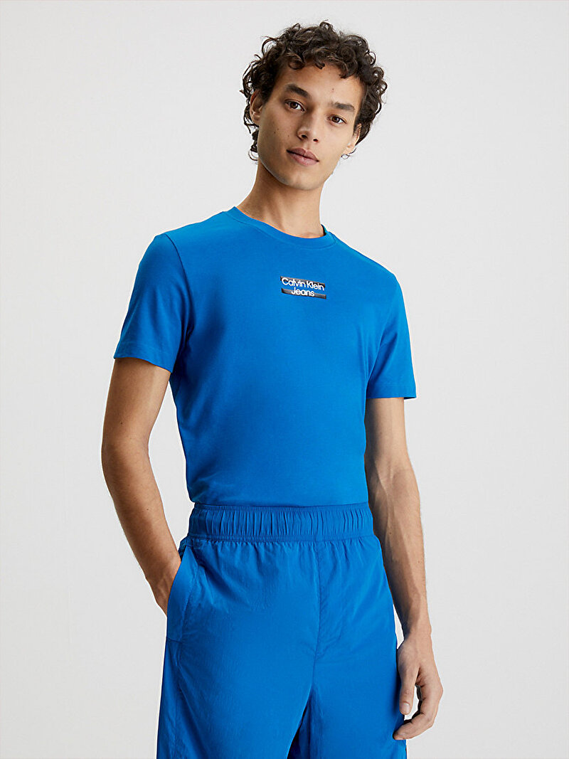 Calvin Klein Mavi Renkli Erkek Transparent Stripe Logo T-Shirt