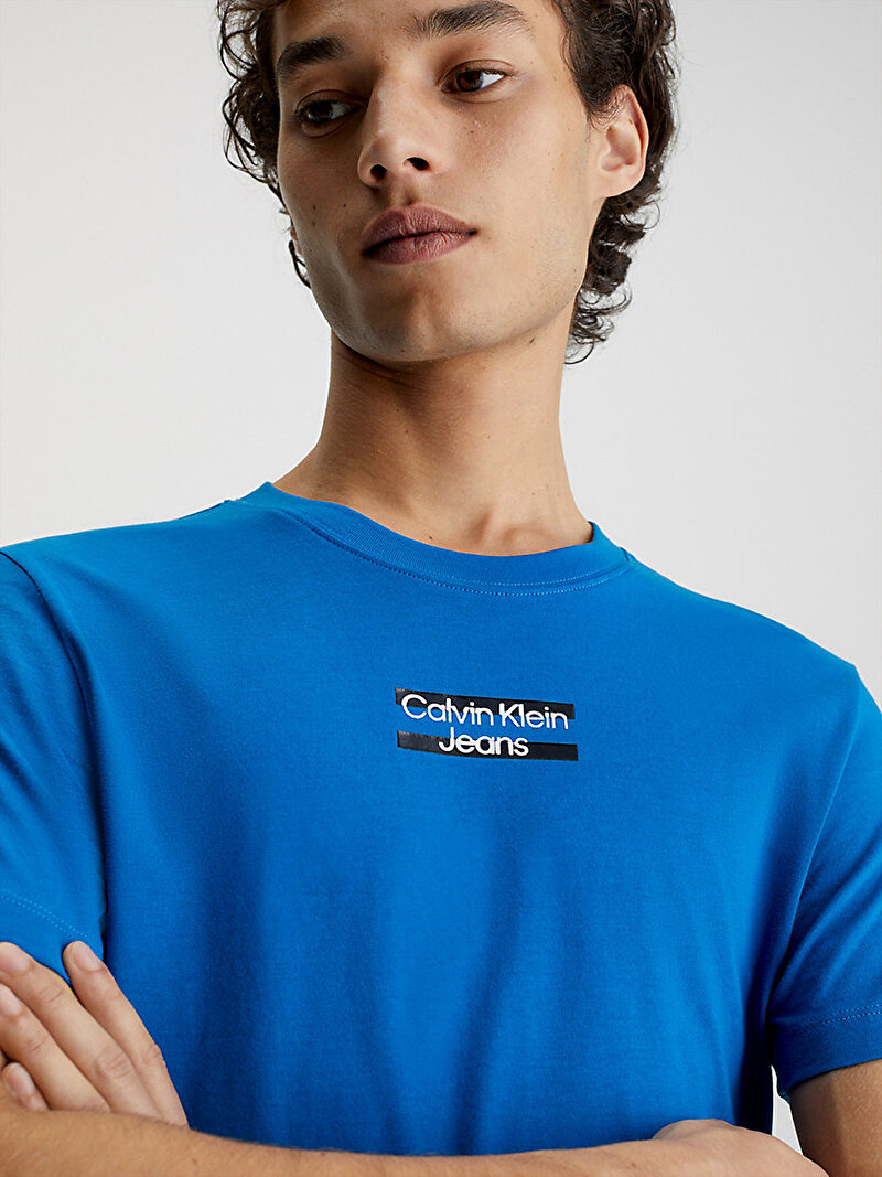 Calvin Klein Mavi Renkli Erkek Transparent Stripe Logo T-Shirt