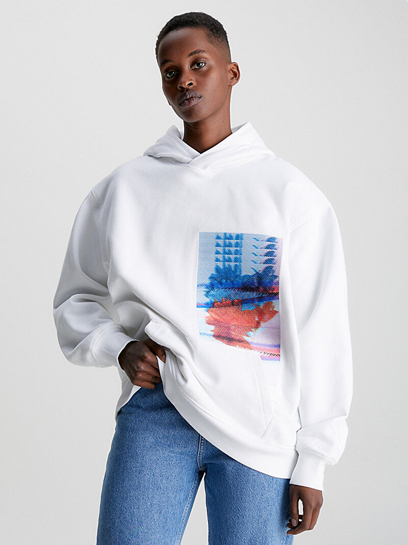 Calvin Klein Beyaz Renkli Kadın Motion Floral Hoodie Sweatshirt