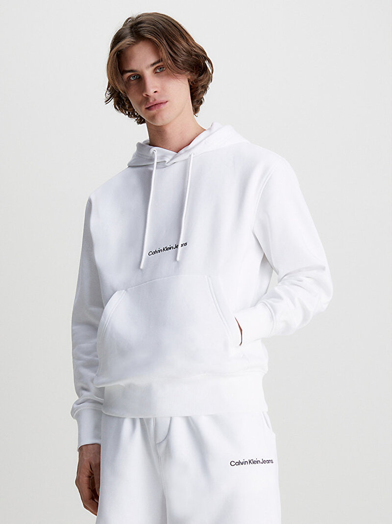 Calvin Klein Beyaz Renkli Erkek Institutional Logo Hoodie Sweatshirt
