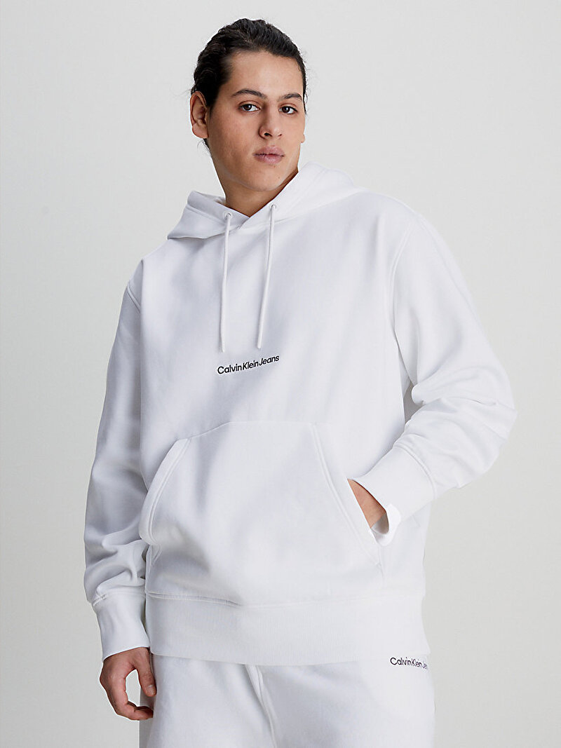 Calvin Klein Beyaz Renkli Erkek Institutional Logo Hoodie Sweatshirt