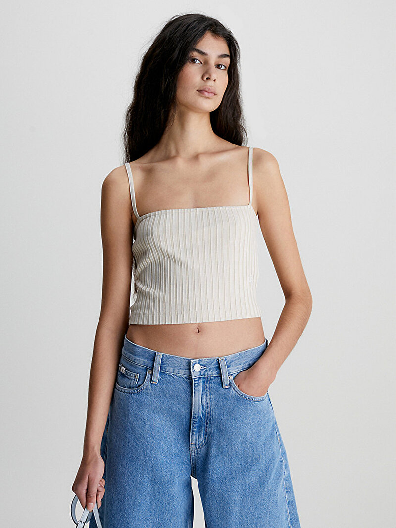 Calvin Klein Bej Renkli Kadın Rib Cropped Strappy Askılı T-Shirt