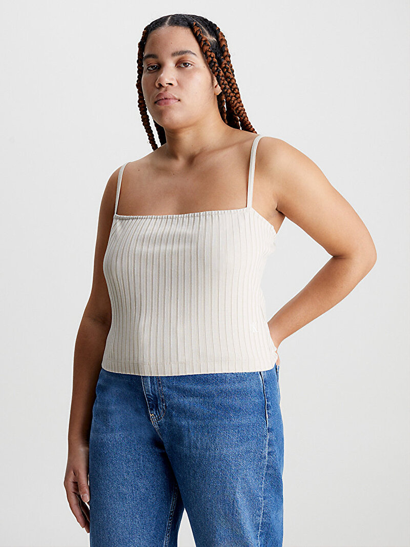 Calvin Klein Bej Renkli Kadın Rib Cropped Strappy Askılı T-Shirt