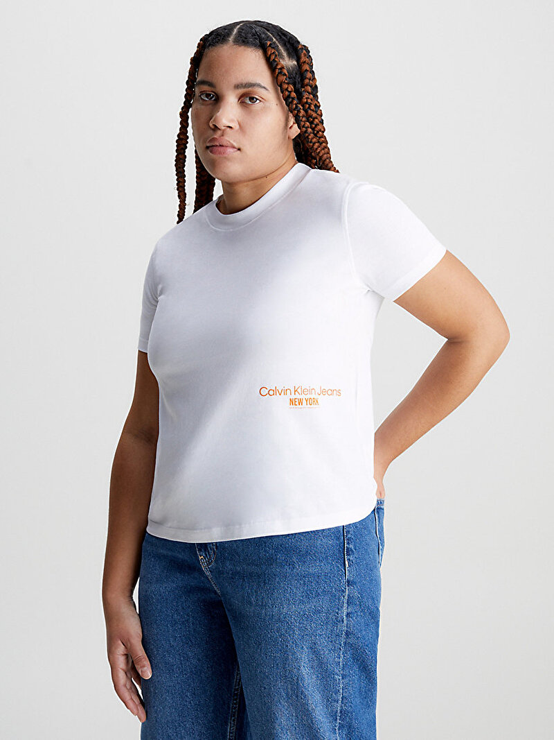 Calvin Klein Beyaz Renkli Kadın NY Logo T-Shirt