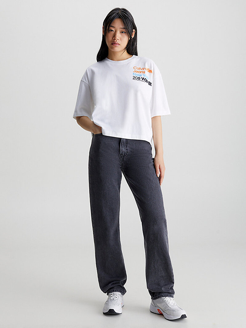 Calvin Klein Beyaz Renkli Kadın Motion Logo Relaxed T-Shirt