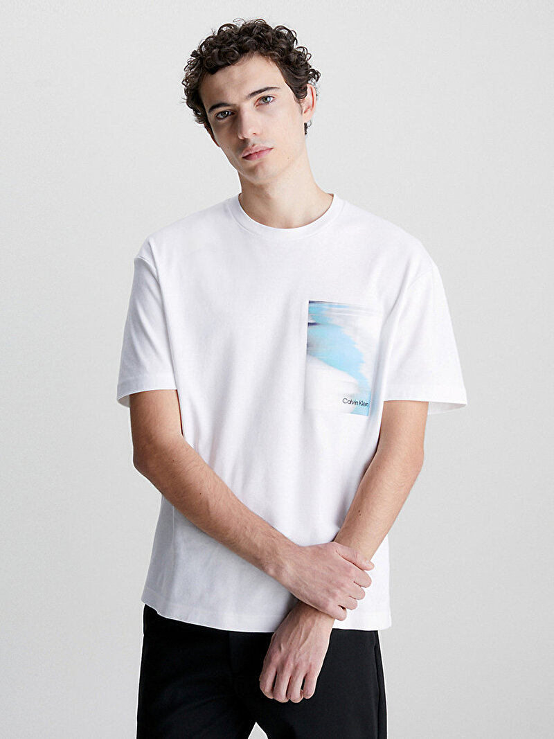 Calvin Klein Beyaz Renkli Erkek Glitch Chest Print T-Shirt