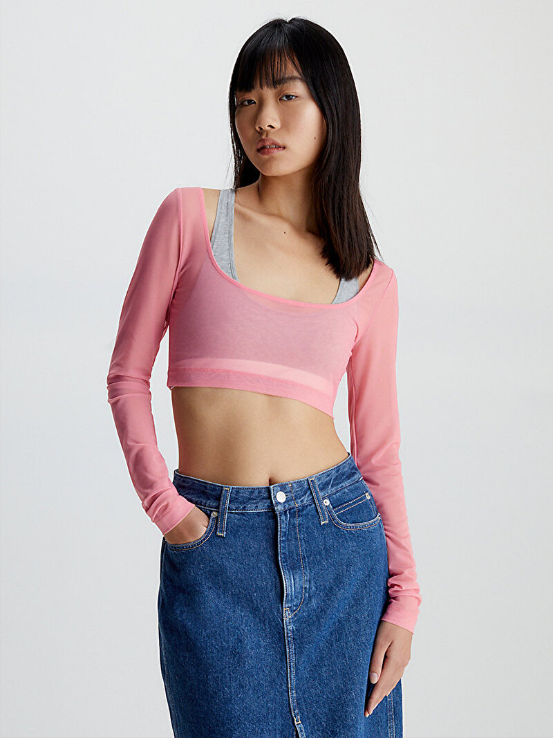 Calvin Klein Pembe Renkli Kadın Mesh Crop Top - Y2K
