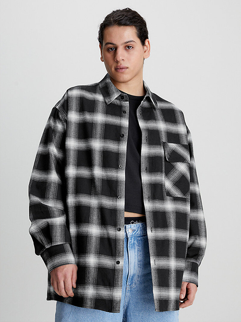 Calvin Klein Siyah Renkli Erkek Oversized Check Gömlek - Y2K