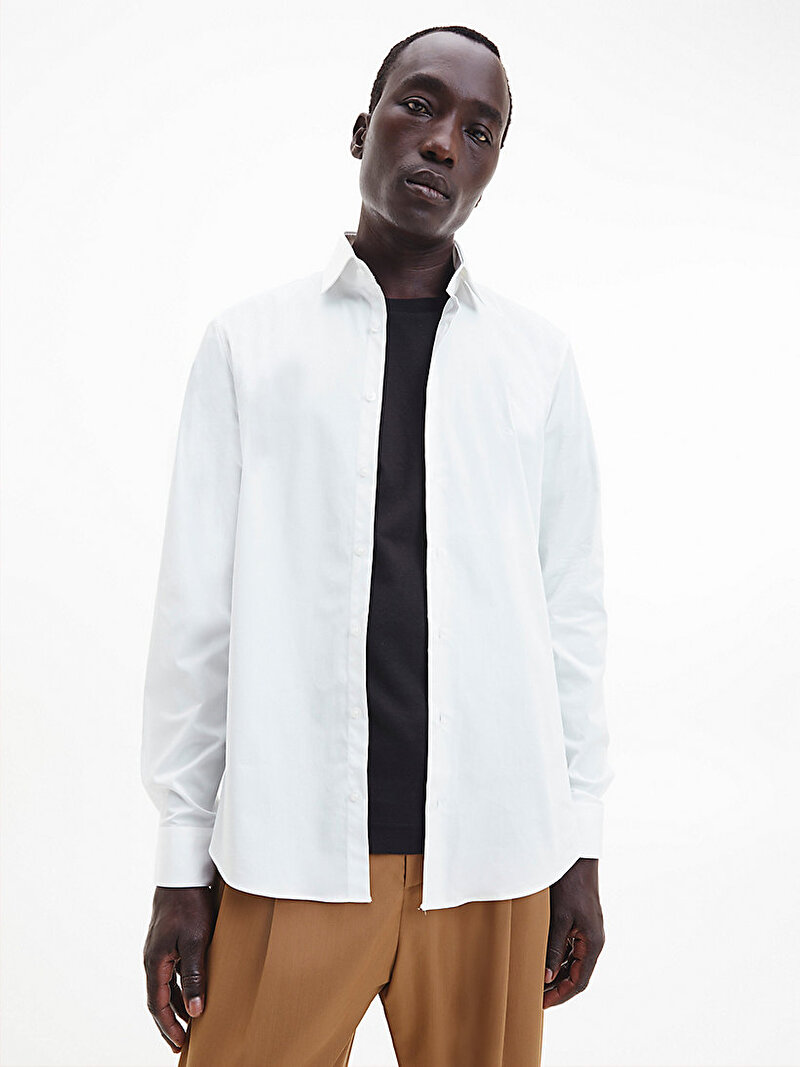Calvin Klein Beyaz Renkli Erkek Poplin Streç Slim Gömlek