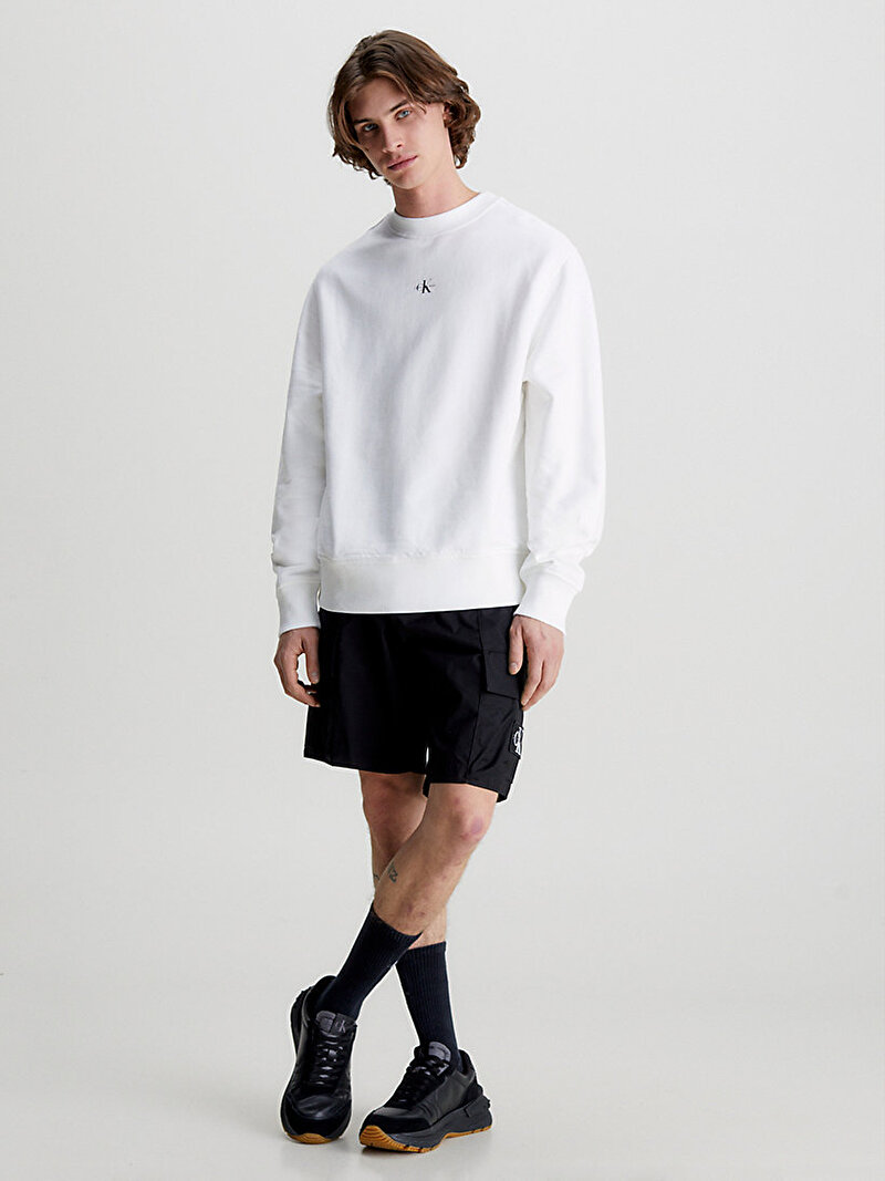 Calvin Klein Beyaz Renkli Erkek Micro Monologo Bisiklet Yaka Sweatshirt