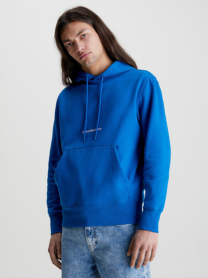 Calvin Klein Mavi Renkli Erkek Institutional Logo Hoodie Sweatshirt