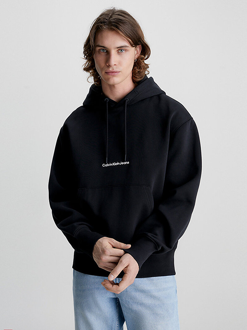 Calvin Klein Siyah Renkli Erkek Institutional Logo Hoodie Sweatshirt