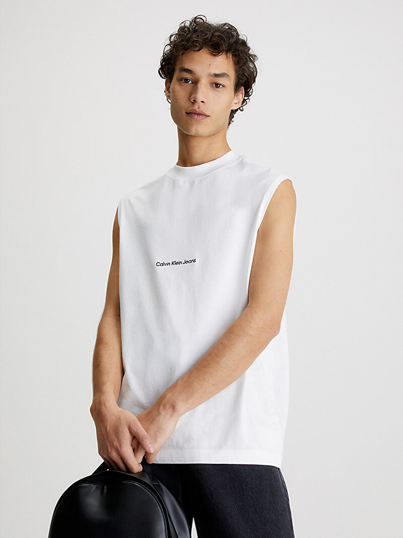 Calvin Klein Beyaz Renkli Erkek Institutional Logo Sleeve T-Shirt
