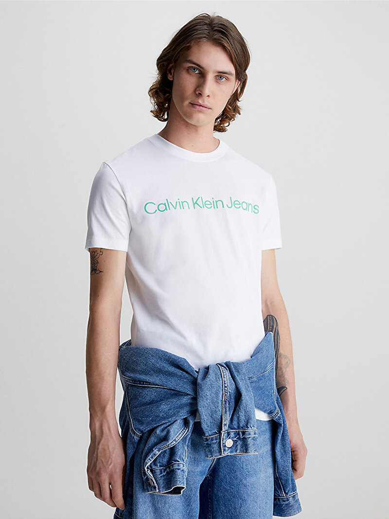 Calvin Klein Beyaz Renkli Erkek Institutional Logo T-Shirt