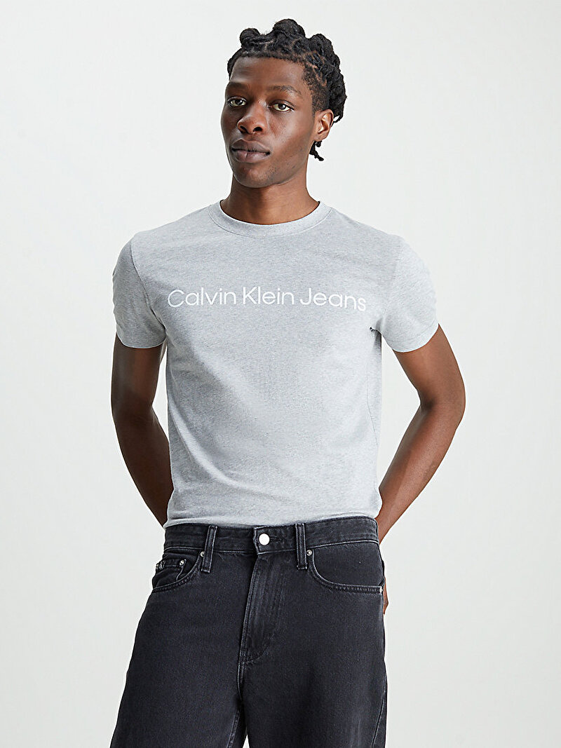 Calvin Klein Gri Renkli Erkek Institutional Logo T-Shirt