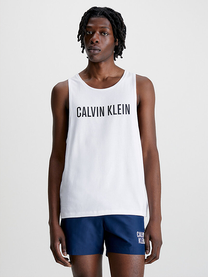 Calvin Klein Beyaz Renkli Erkek Bisiklet Yaka Logolu Tank Top