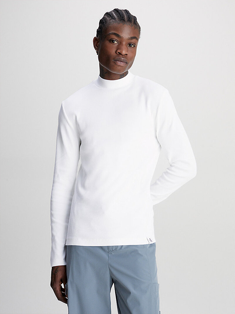 Calvin Klein Beyaz Renkli Erkek Logo Tab Rib T-Shirt