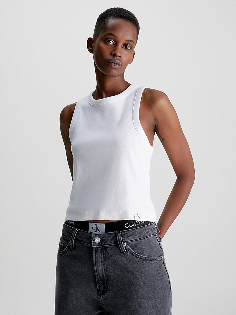 Calvin Klein Beyaz Renkli Kadın Tab Rib Tank Top T-Shirt