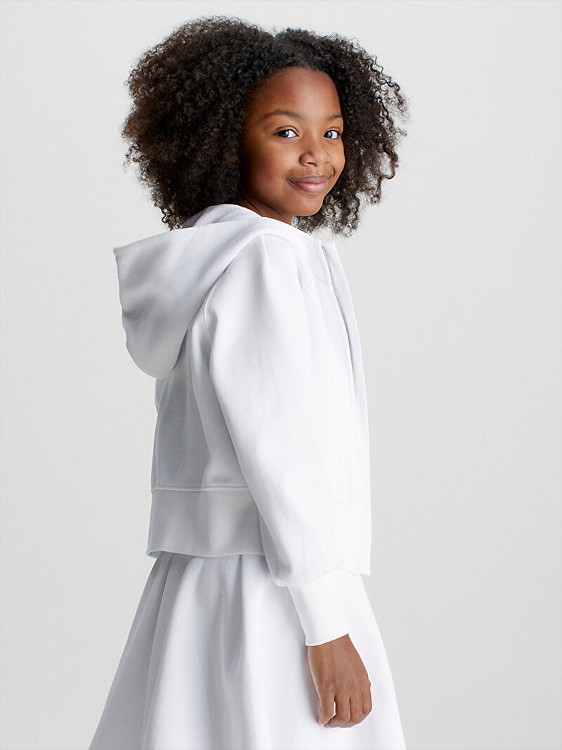 Calvin Klein Beyaz Renkli Kız Çocuk Interlock Fermuarlı Sweatshirt