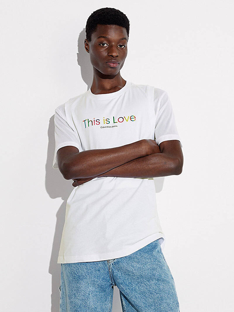Calvin Klein Beyaz Renkli Erkek Mesh Double Layer T-Shirt - Pride