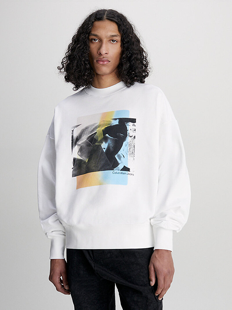 Calvin Klein Beyaz Renkli Erkek Multi Layered Photo Print Sweatshirt