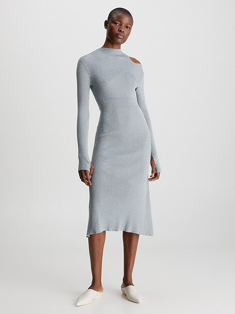 Calvin Klein Gri Renkli Kadın Melange Rib Cut Out Elbise