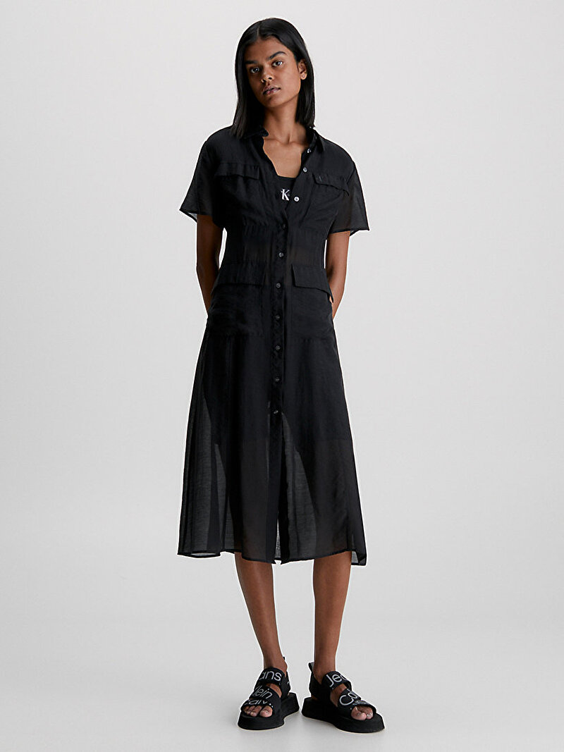 Calvin Klein Siyah Renkli Kadın Sheer Short Sleeve Elbise