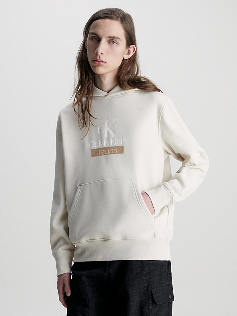 Calvin Klein Ekru Renkli Erkek Stacked Archival Sweatshirt