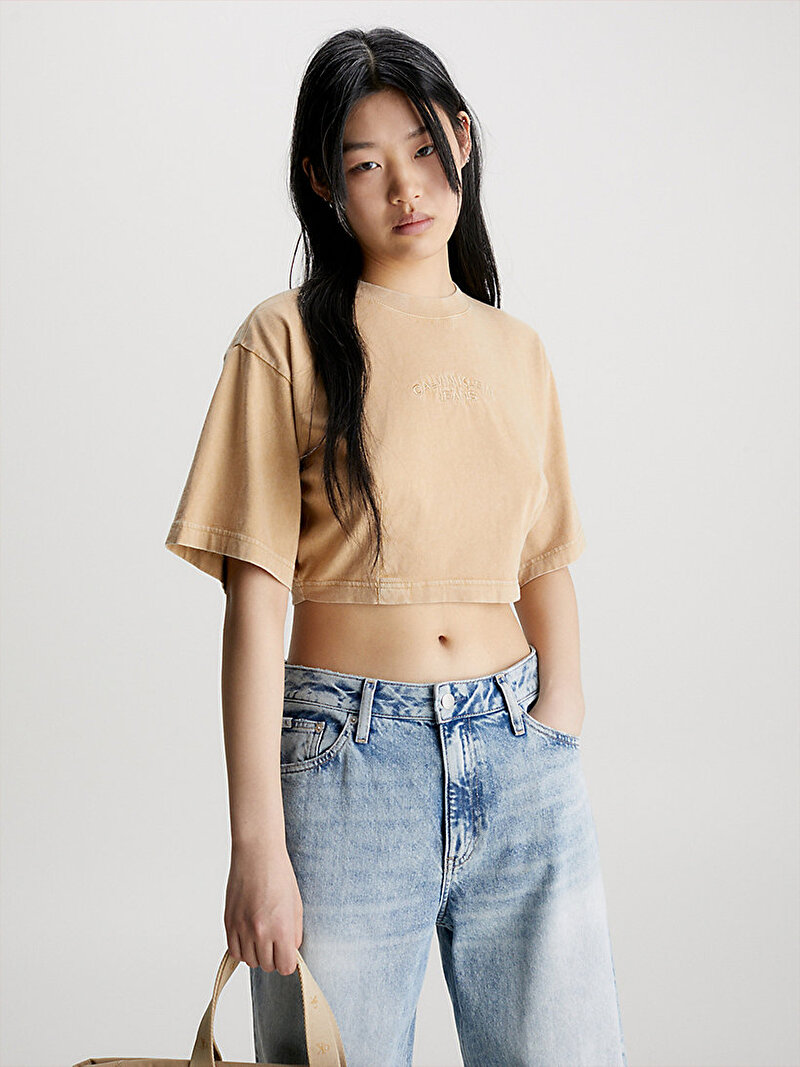 Calvin Klein Bej Renkli Kadın Garment Dye Darted Crop T-Shirt